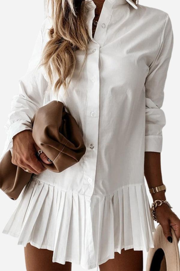 Shirt Dress Womens - White Pleated Hem Button-Down ClaraFlair - Heston Manor