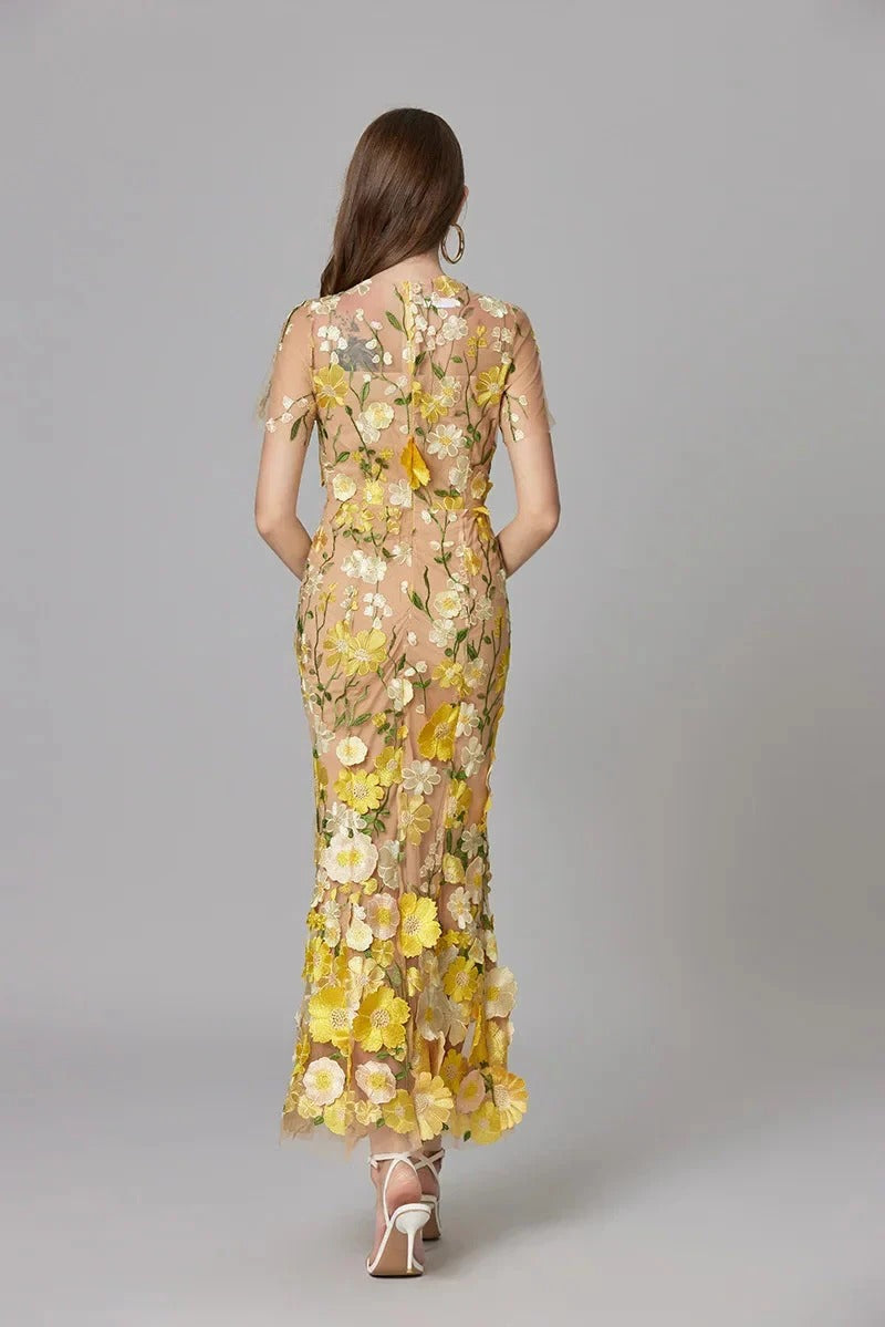 Floral Appliqué Maxi Dress Womens - 3D Sculptural Detail - Aurelia - Heston Manor