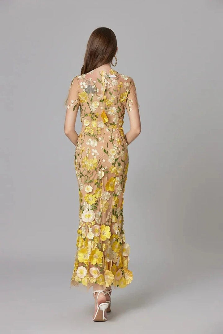Floral Appliqué Maxi Dress Womens - 3D Sculptural Detail - Aurelia - Heston Manor