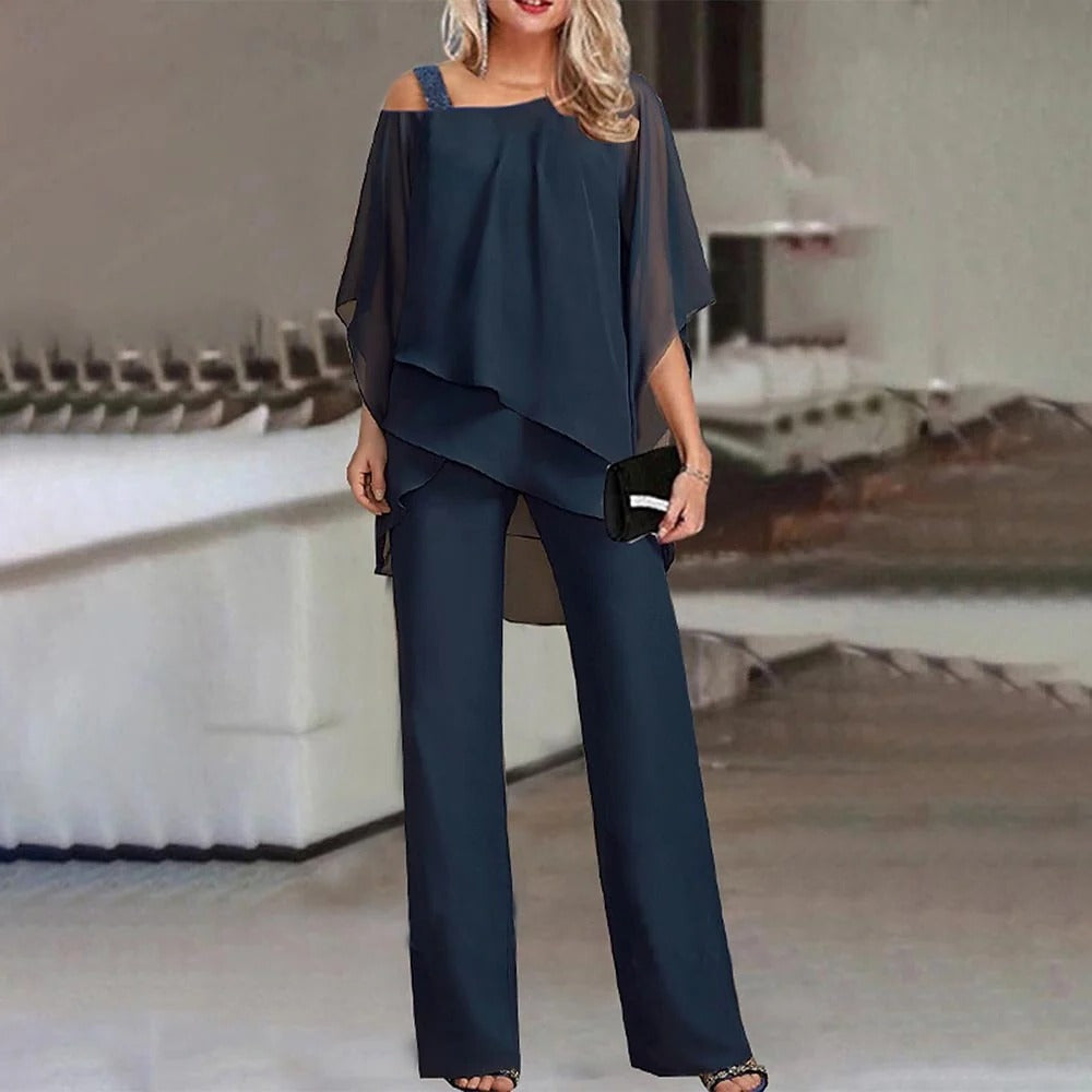 Cold Shoulder Jumpsuit Womens - Chiffon Overlay Wide Leg Elegance Elara - Heston Manor