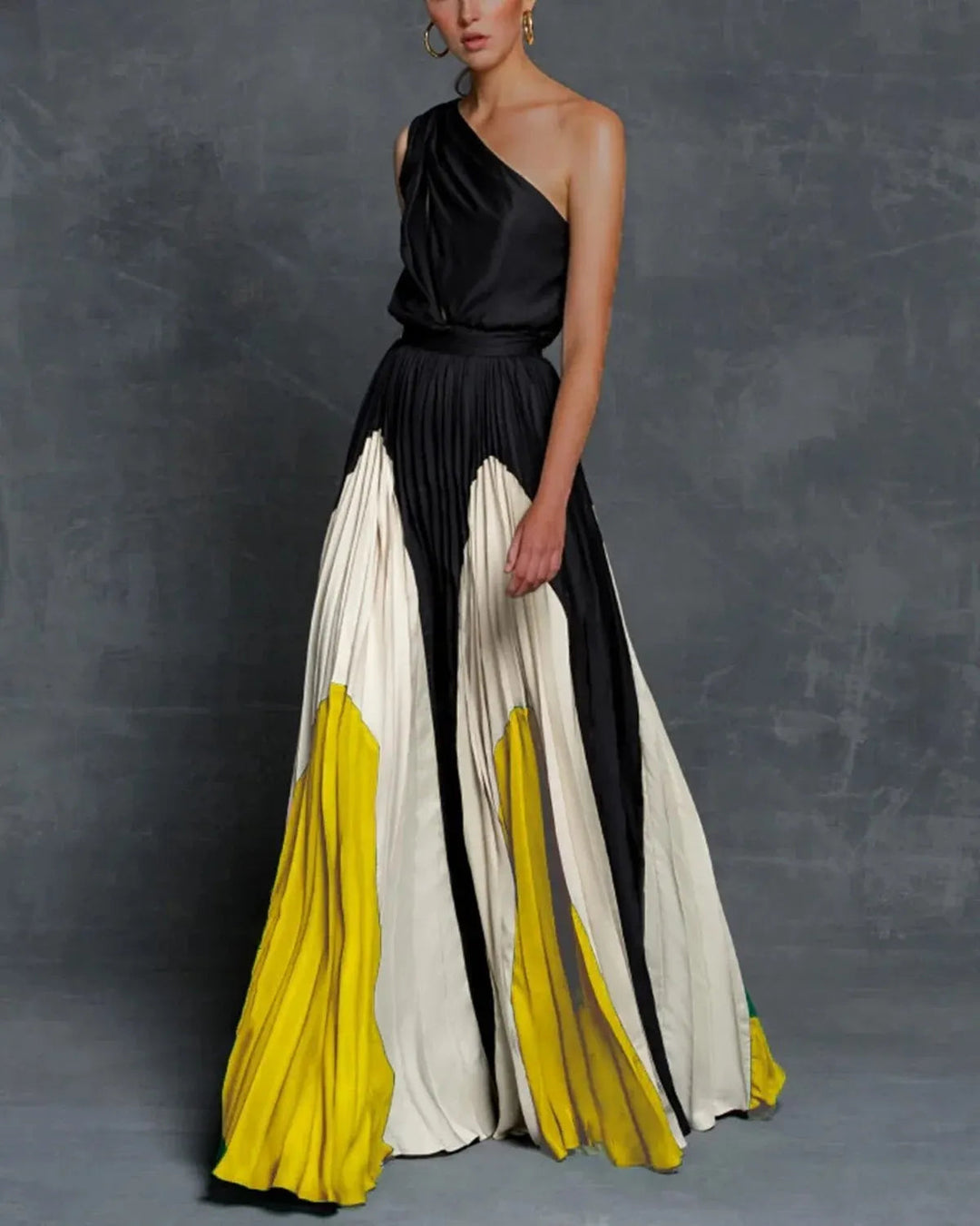 One-Shoulder Maxi Dress Womens - Color Block Pleated Elegance Vivara - Heston Manor