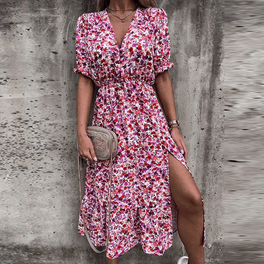 Floral Midi Dress Womens - V-Neck Smocked Waist Summer Poplina - Heston Manor
