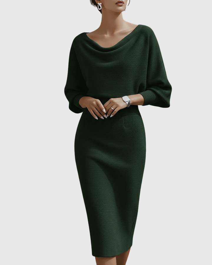 Midi Dress Womens - Ribbed Cowl Neck Batwing Veshara - Heston Manor