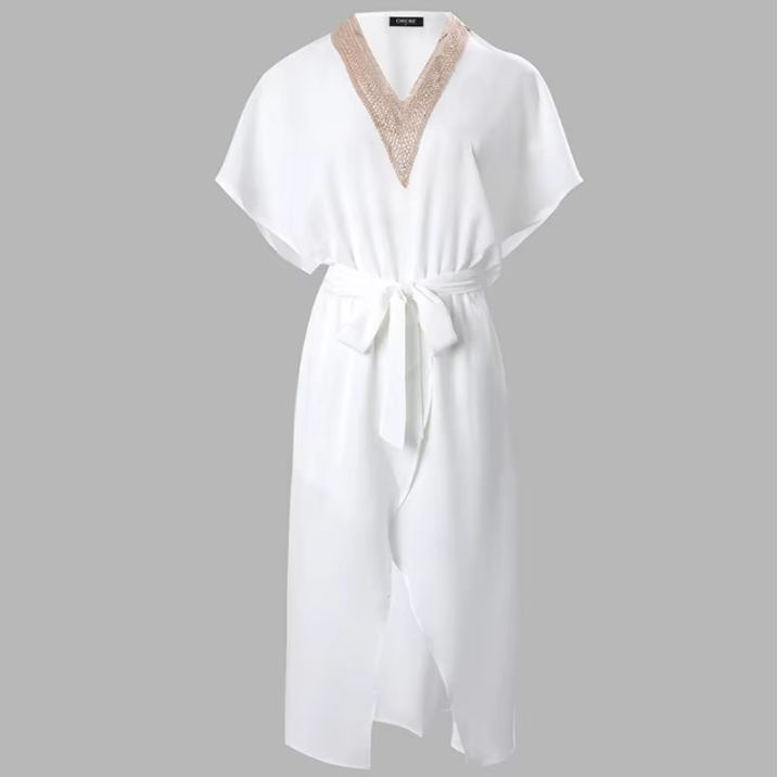 White Midi Dress Womens - Gold-Trim V-Neck Eleganza - Heston Manor