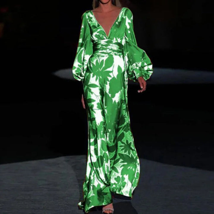 Floral Satin Maxi Dress Womens - V-Neck Puff Sleeve Formal Wear Sestina - Heston Manor
