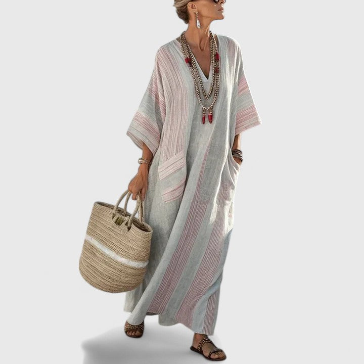 Linen Maxi Dress Womens - Striped Boho V-Neck with Pockets Zarina - Heston Manor
