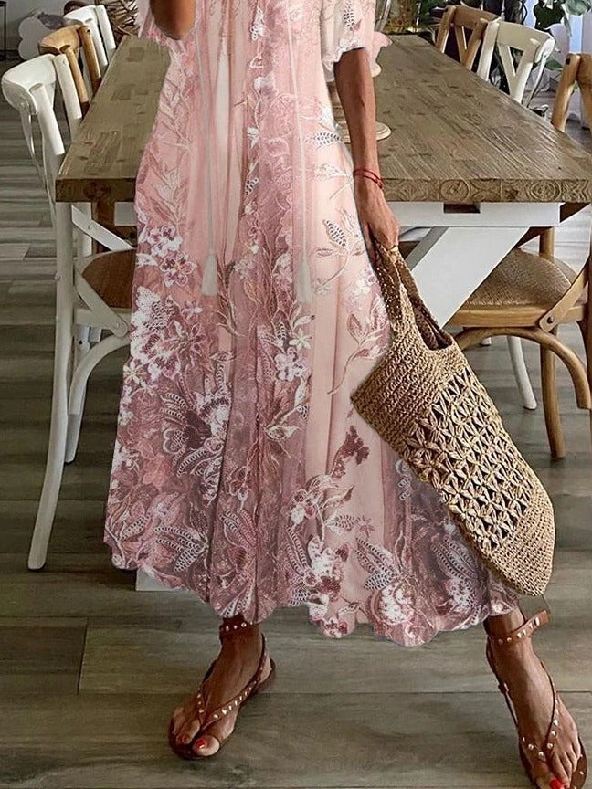 Floral Maxi Dress Womens - Lace-Inspired V-Neck Rosalie - Heston Manor