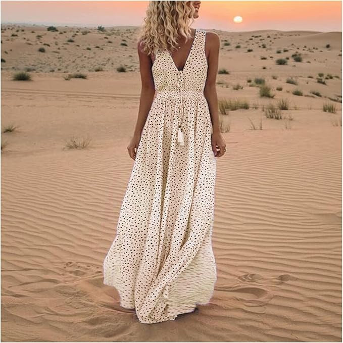 Polka Dot Maxi Dress Womens - Boho Flowy Draped Style Velora - Heston Manor