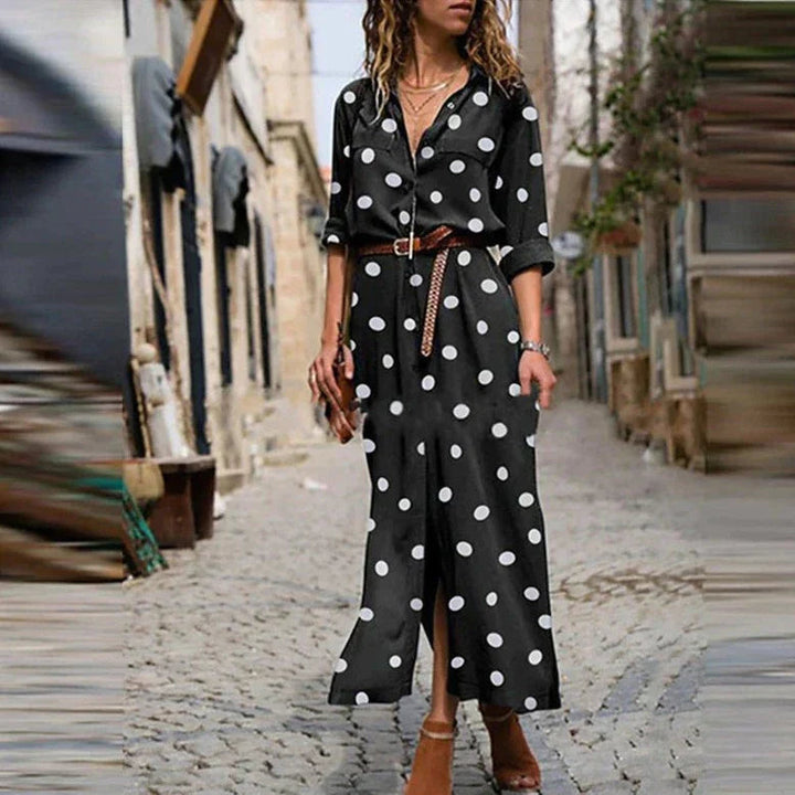 Polka Dot Maxi Dress Womens - Button-Down Long Sleeve with Waist Tie Merrill - Heston Manor