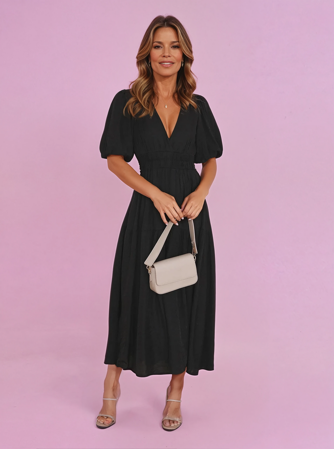 Midi Dress Womens - V-Neck Puff Sleeve Smocked Waist Noir-chic - Heston Manor