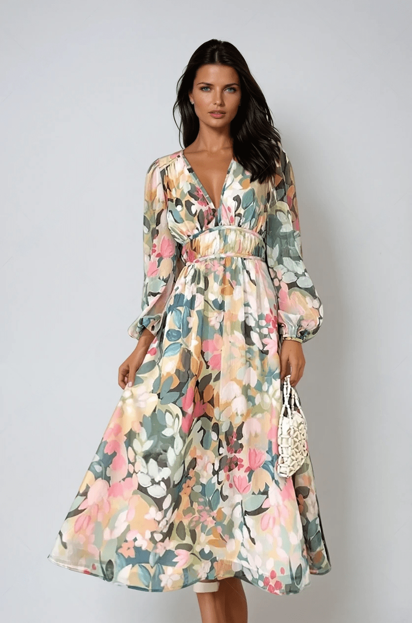 Floral Print Midi Dress Womens - V-Neck Long Sleeve Elegance Bellaina - Heston Manor