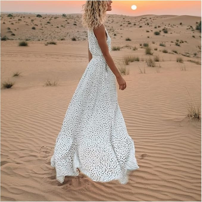 Polka Dot Maxi Dress Womens - Boho Flowy Draped Style Velora - Heston Manor