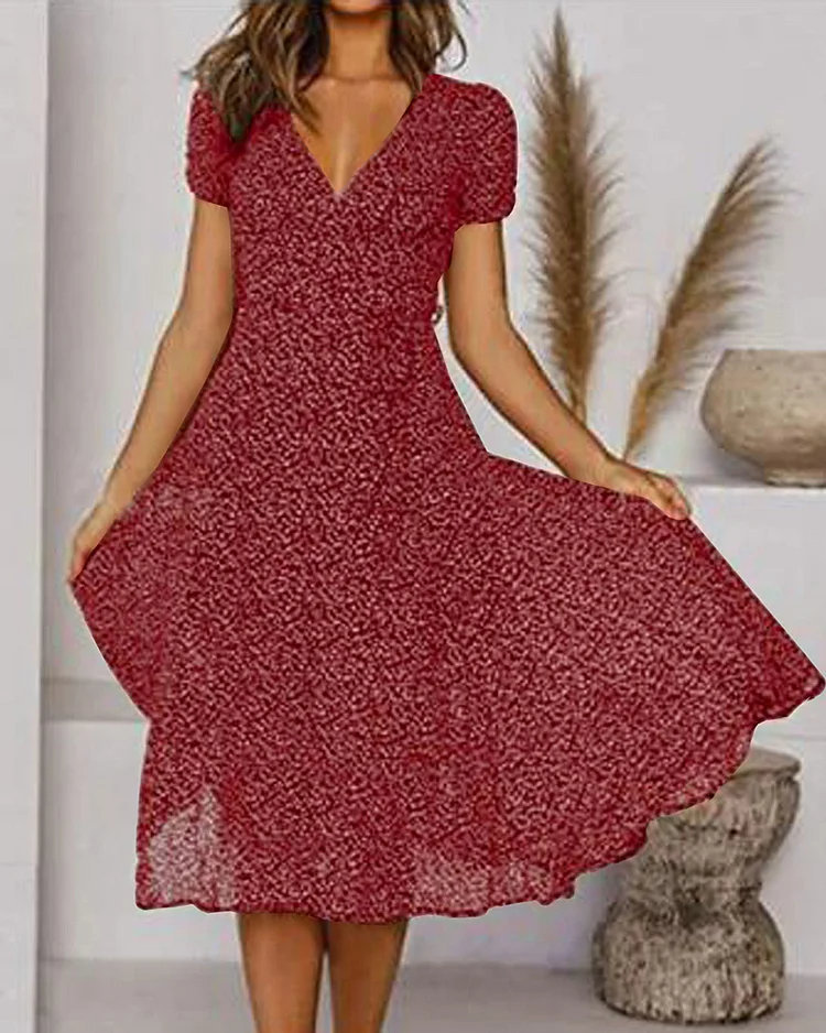 V-Neck Midi Dress Womens - Short Sleeve Printed Summer Wear Livelle - Heston Manor