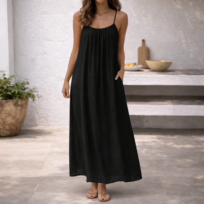 Maxi Sundress Womens - Linen Spaghetti Strap Summer Dress Levara - Heston Manor