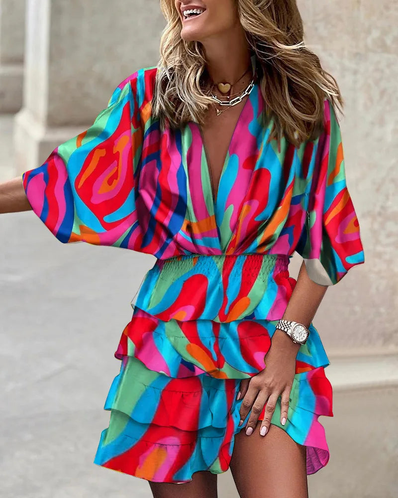 Ruffle Mini Dress Womens - Vibrant Boho V-Neck Fit Lunalie - Heston Manor