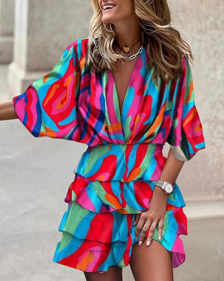 Ruffle Mini Dress Womens - Vibrant Boho V-Neck Fit Lunalie - Heston Manor
