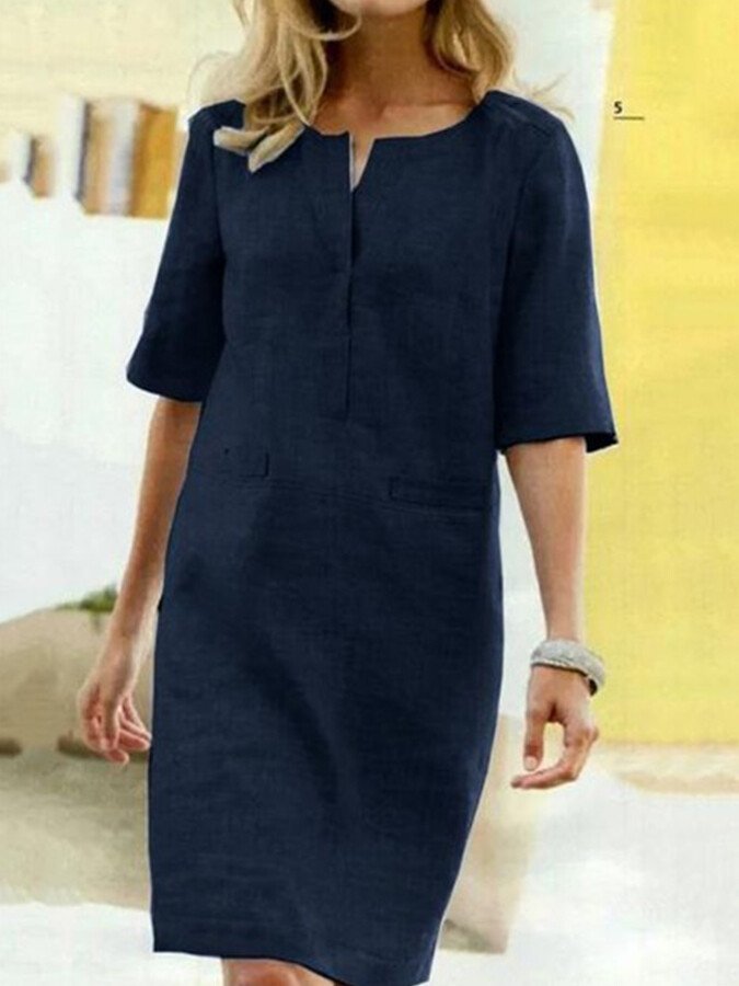 Shift Dress Womens - Relaxed Notched V-Neck Summer Hiberra - Heston Manor