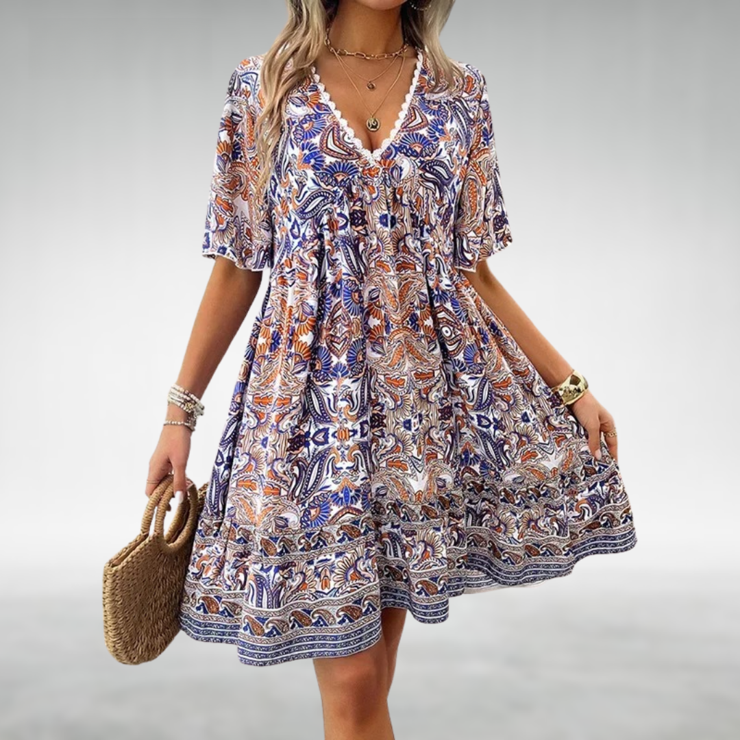 Paisley Boho Mini Dress Womens - Vibrant Summer Vacation Attire Sunlina - Heston Manor