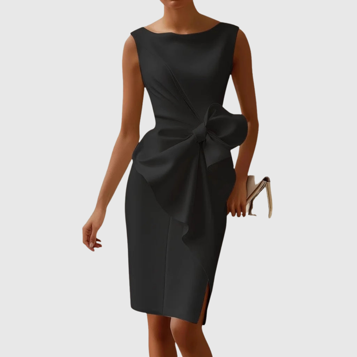 Boat Neck Sleeveless Midi Dress Womens - Sculptural Bow Detail Eloise - Heston Manor