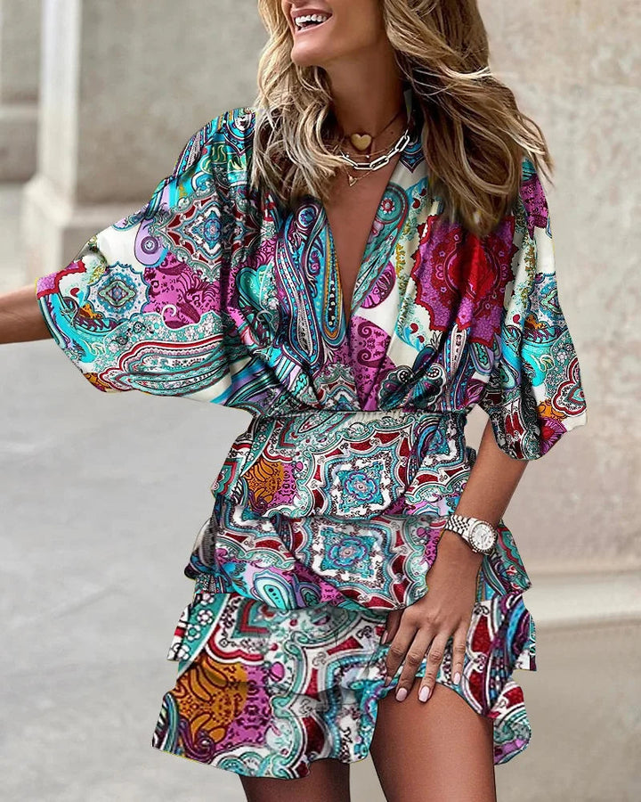 Ruffle Mini Dress Womens - Vibrant Boho V-Neck Fit Lunalie - Heston Manor