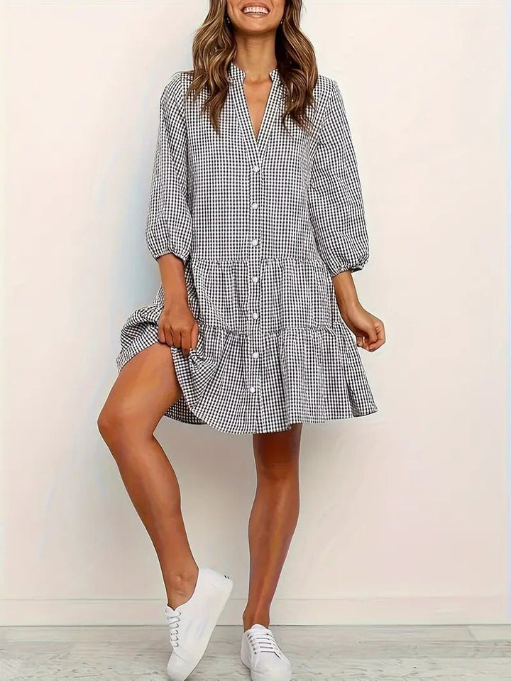 Gingham Print Mini Dress Womens - Button-Down 3/4 Sleeve Rosievita - Heston Manor