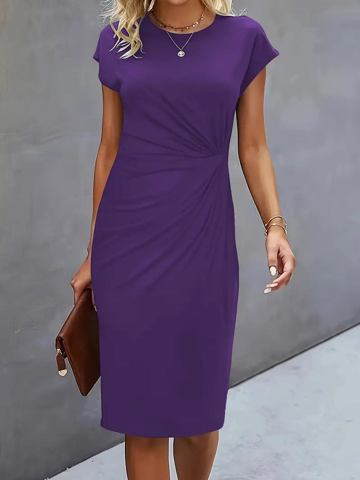 Ruched Midi Dress Womens - Twist Waist Short Sleeve Workwear Azura - Heston Manor
