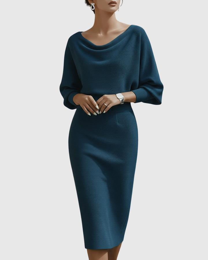 Midi Dress Womens - Ribbed Cowl Neck Batwing Veshara - Heston Manor