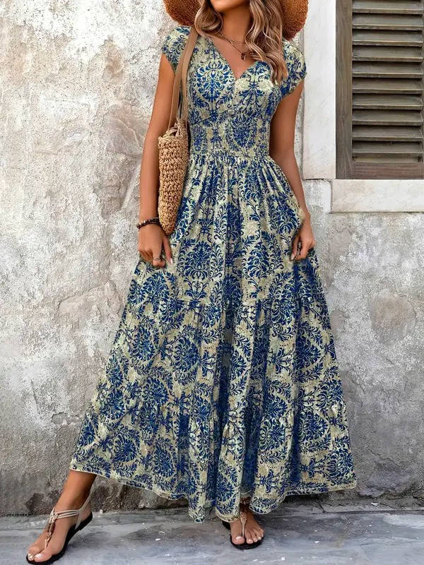 Boho Maxi Dress Womens - Smocked Waist Tiered Skirt SiennaGlow - Heston Manor