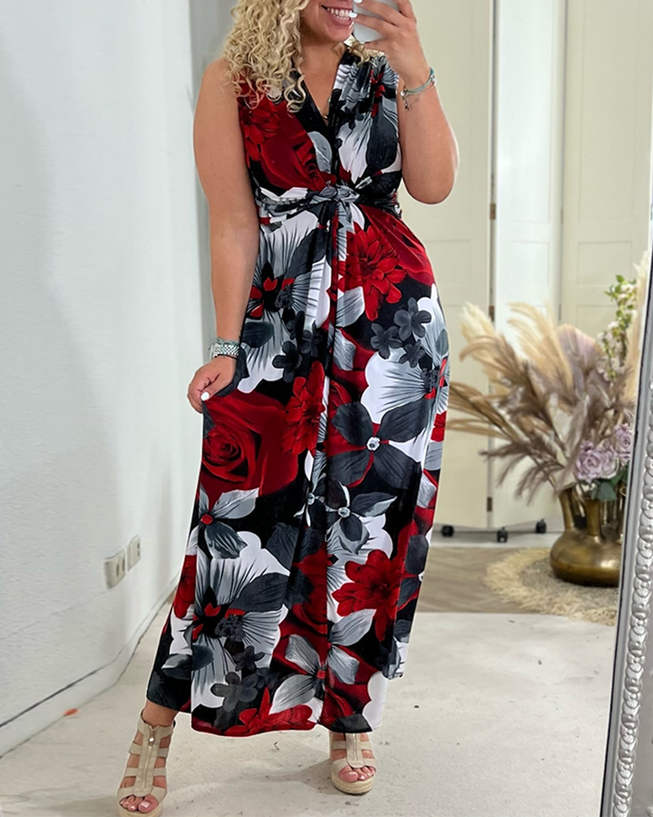 Floral Maxi Dress Womens - Tie-Front Sleeveless V-Neck Rhomea - Heston Manor