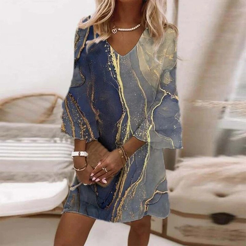 V-Neck Mini Dress Womens - Flare Sleeve Marble Print Sovine - Heston Manor