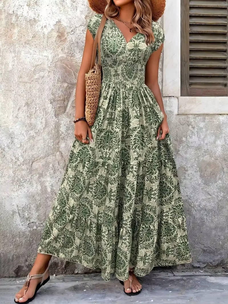 Boho Maxi Dress Womens - Smocked Waist Tiered Skirt SiennaGlow - Heston Manor
