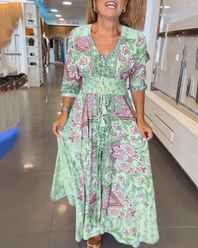 Paisley Maxi Dress Womens - Bohemian V-Neck Vacation Attire Solielis - Heston Manor