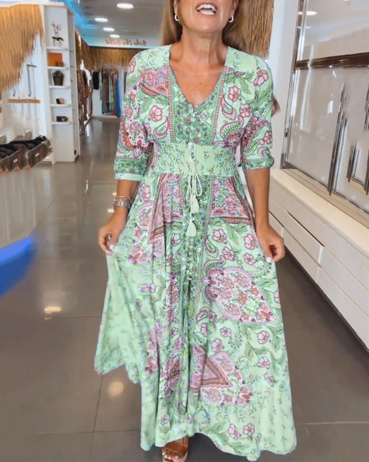 Paisley Maxi Dress Womens - Bohemian V-Neck Vacation Attire Solielis - Heston Manor