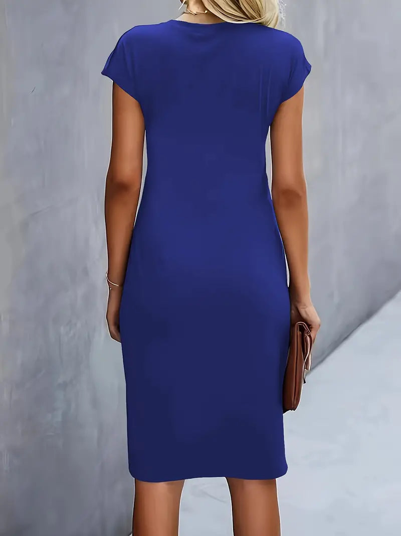 Ruched Midi Dress Womens - Twist Waist Short Sleeve Workwear Azura - Heston Manor