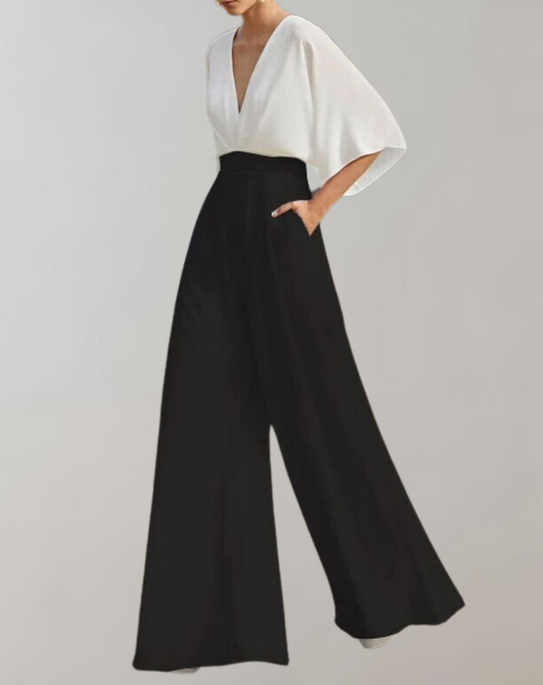 Wide-Leg Jumpsuit Womens - Formal V-Neck Batwing Sleeve Elegance Roselina - Heston Manor