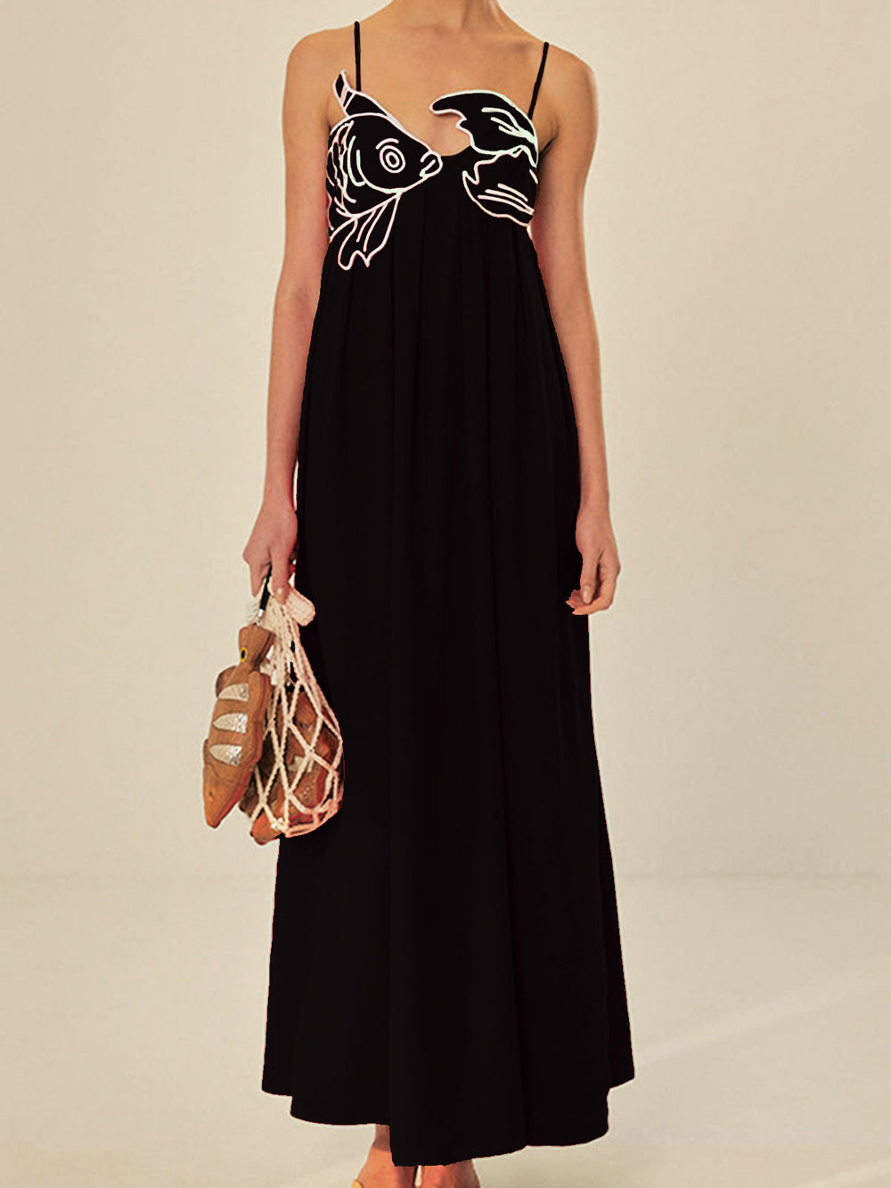Embroidered Maxi Shift Dress Womens - Playful Summer Spaghetti Strap Design Marisolyn - Heston Manor