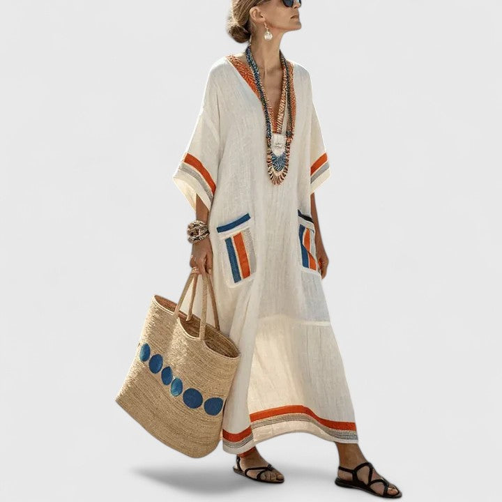Linen Maxi Dress Womens - Striped Boho V-Neck with Pockets Zarina - Heston Manor