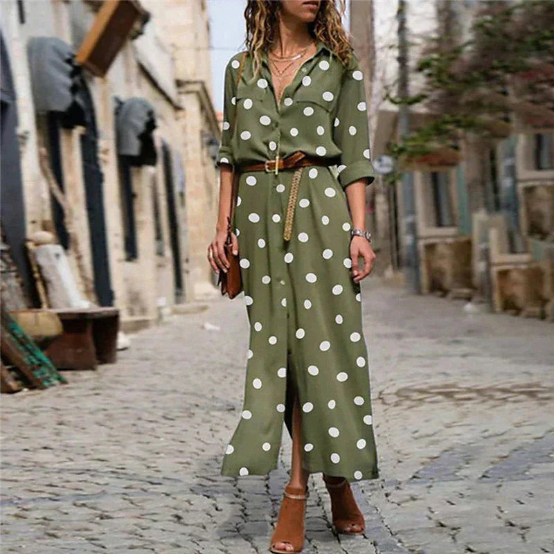 Polka Dot Maxi Dress Womens - Button-Down Long Sleeve with Waist Tie Merrill - Heston Manor