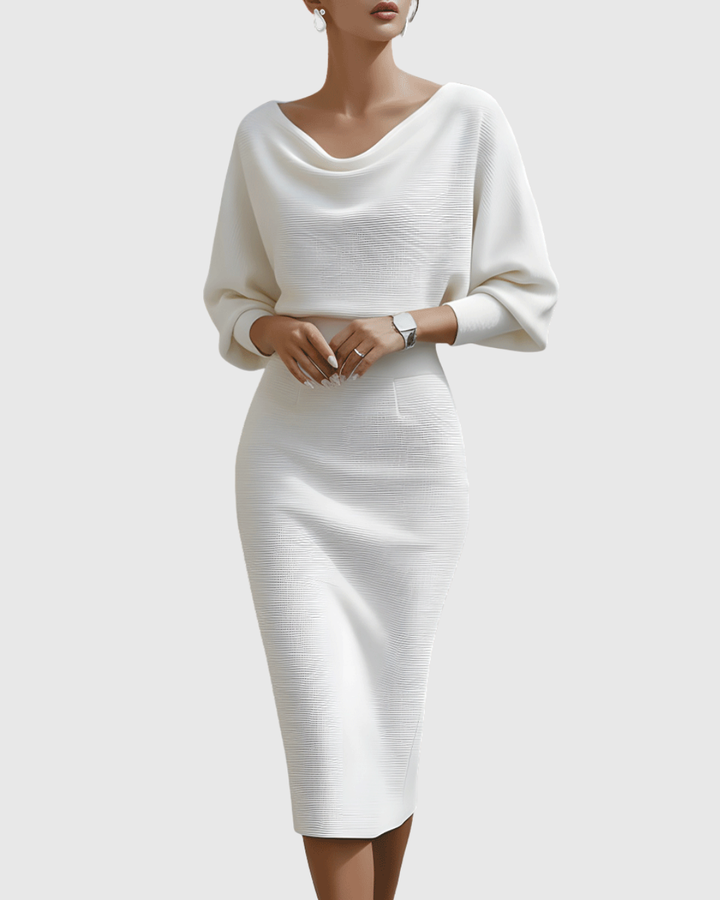 Midi Dress Womens - Ribbed Cowl Neck Batwing Veshara - Heston Manor