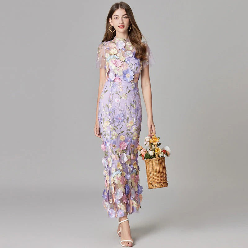 Floral Appliqué Maxi Dress Womens - 3D Sculptural Detail - Aurelia - Heston Manor