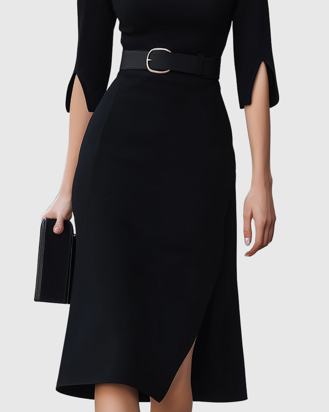 Midi Dress Womens - Belted Mock Neck with Split Sleeves Nocturne - Heston Manor