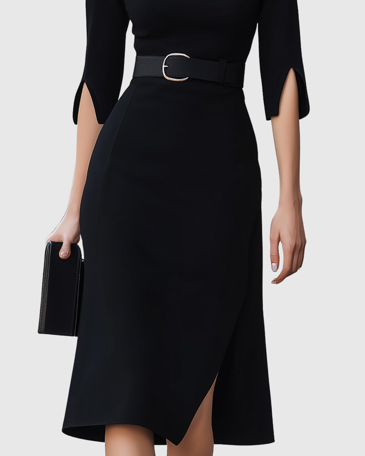 Midi Dress Womens - Belted Mock Neck with Split Sleeves Nocturne - Heston Manor