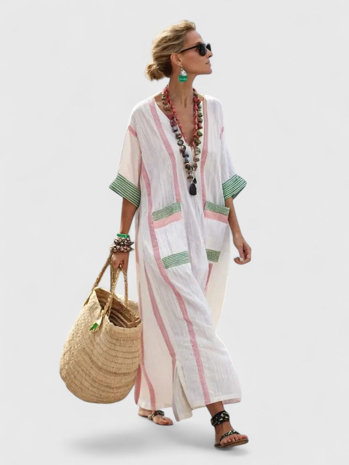 V-Neck Kaftan Maxi Dress Womens - Stripe Detail Summer Style Seraphina - Heston Manor