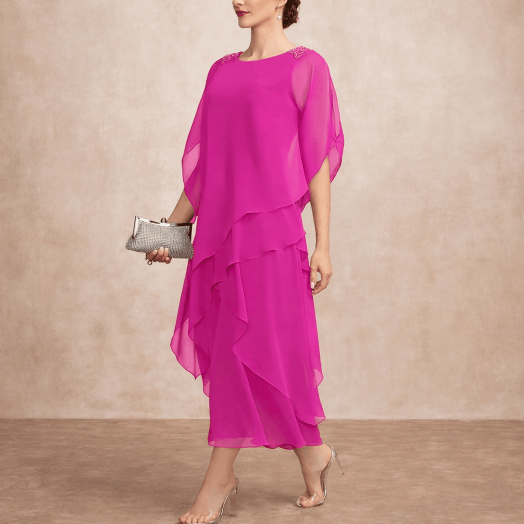 Novelle Tiered Chiffon Dress with Flutter Sleeves - Heston Manor