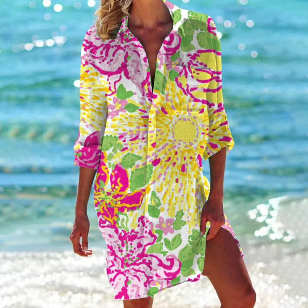 Tropical Print Shirt Dress Womens - Beach Cover-Up 3/4 Sleeve BreezeCoral - Heston Manor