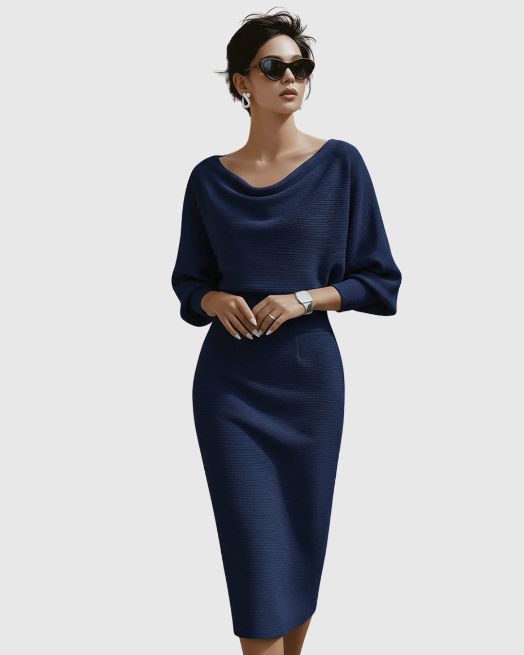 Midi Dress Womens - Ribbed Cowl Neck Batwing Veshara - Heston Manor