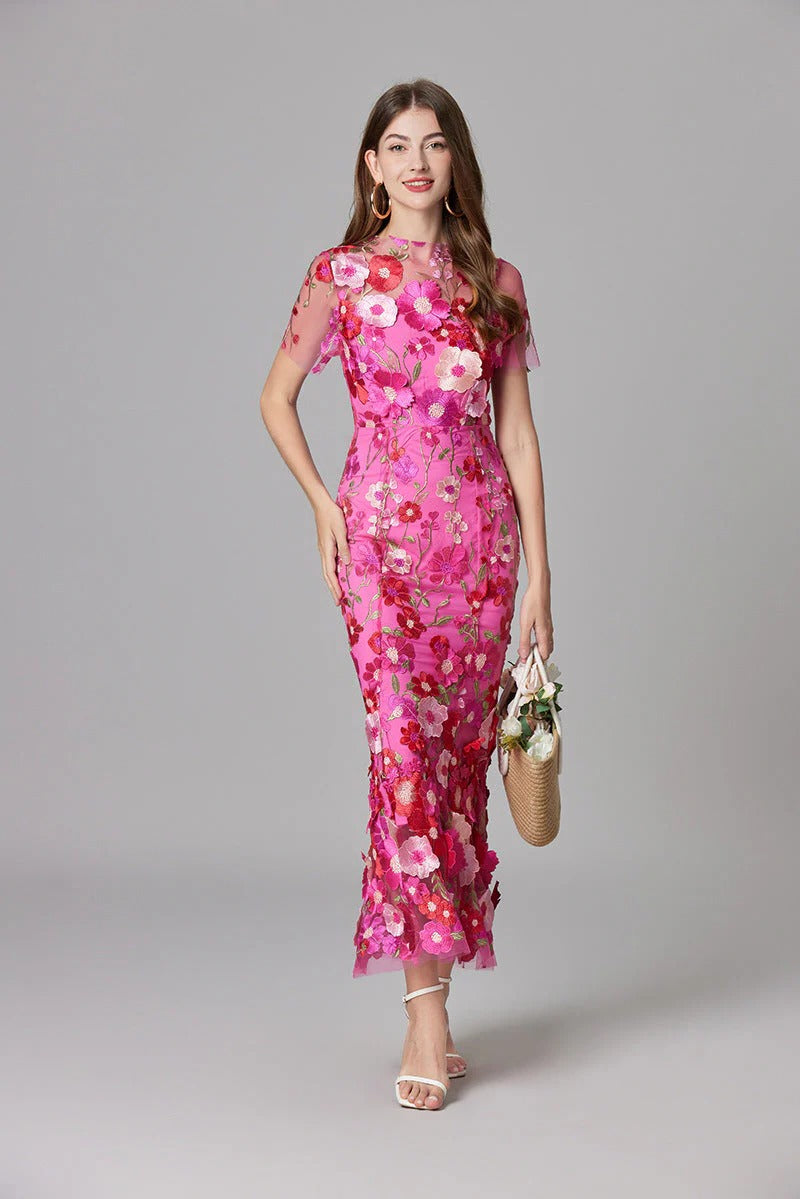 Floral Appliqué Maxi Dress Womens - 3D Sculptural Detail - Aurelia - Heston Manor