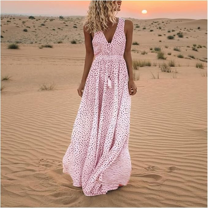 Polka Dot Maxi Dress Womens - Boho Flowy Draped Style Velora - Heston Manor