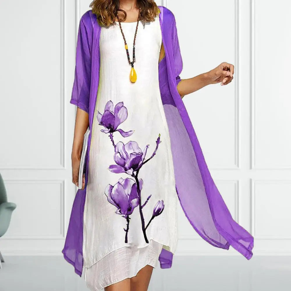 Floral Two-Piece Dress Set Womens - Ink-Painted Magnolia & Sheer Cardigan Bloora - Heston Manor