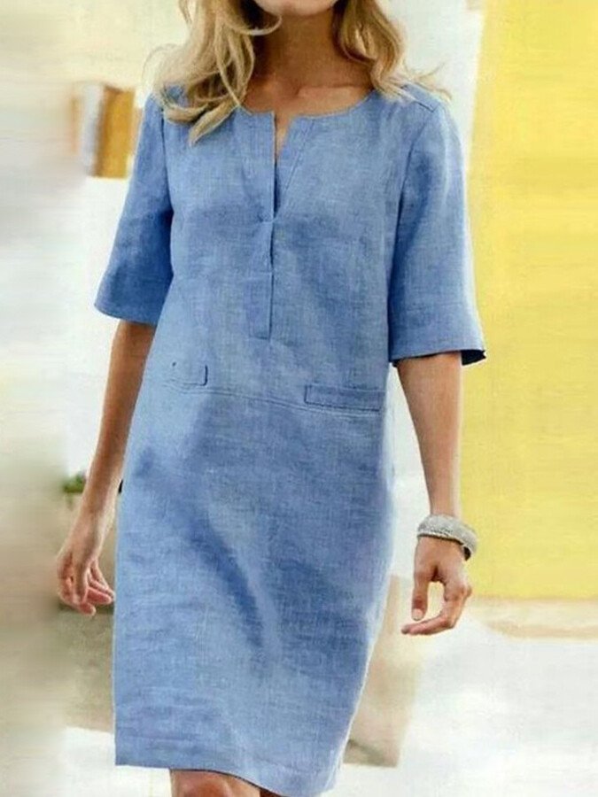 Shift Dress Womens - Relaxed Notched V-Neck Summer Hiberra - Heston Manor